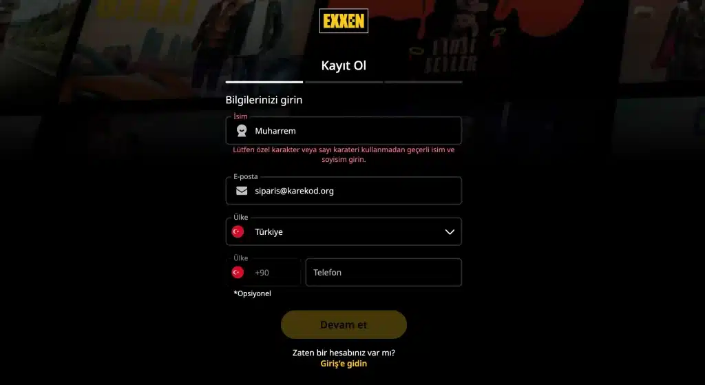 Exxen Kayıt Ekranı