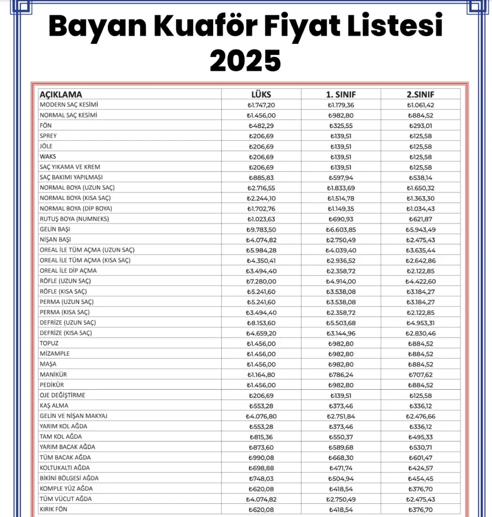 Bayan Kuaför Fiyat Listesi Güncel