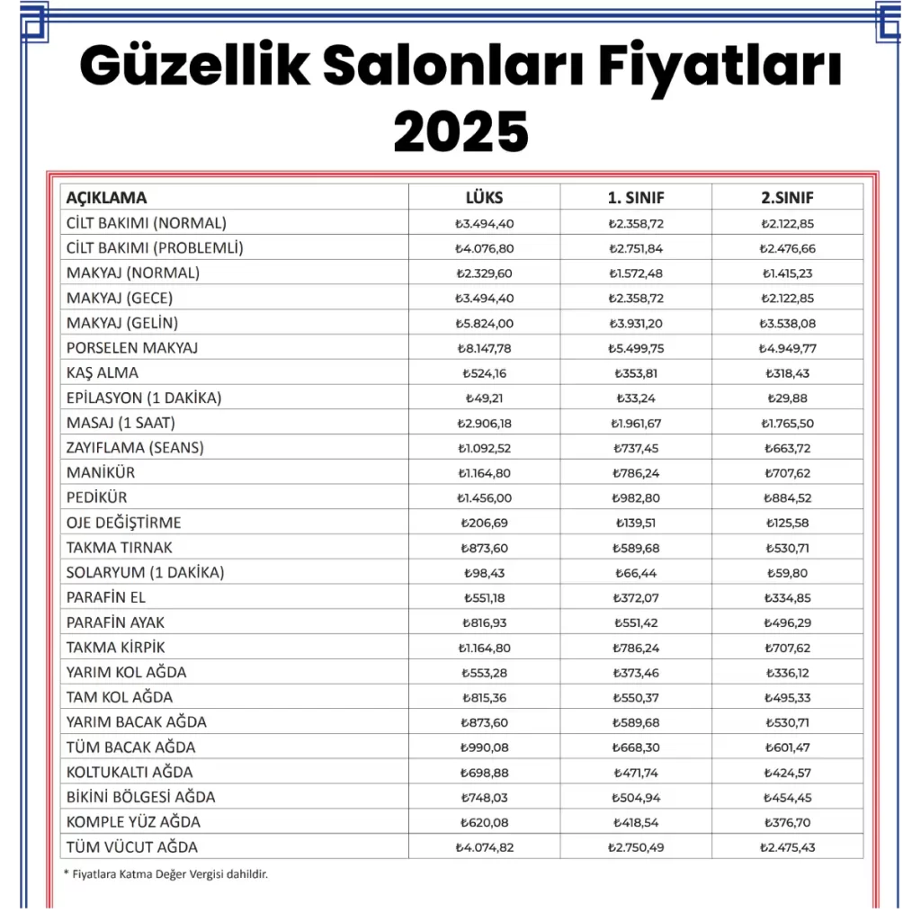 Güzellik Salonları Fiyat Listesi 2025