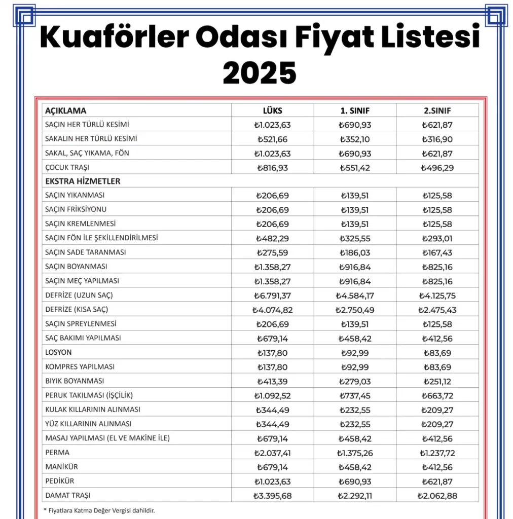 Kuaförler Odası Fiyat Listesi 2025 (Güncel)