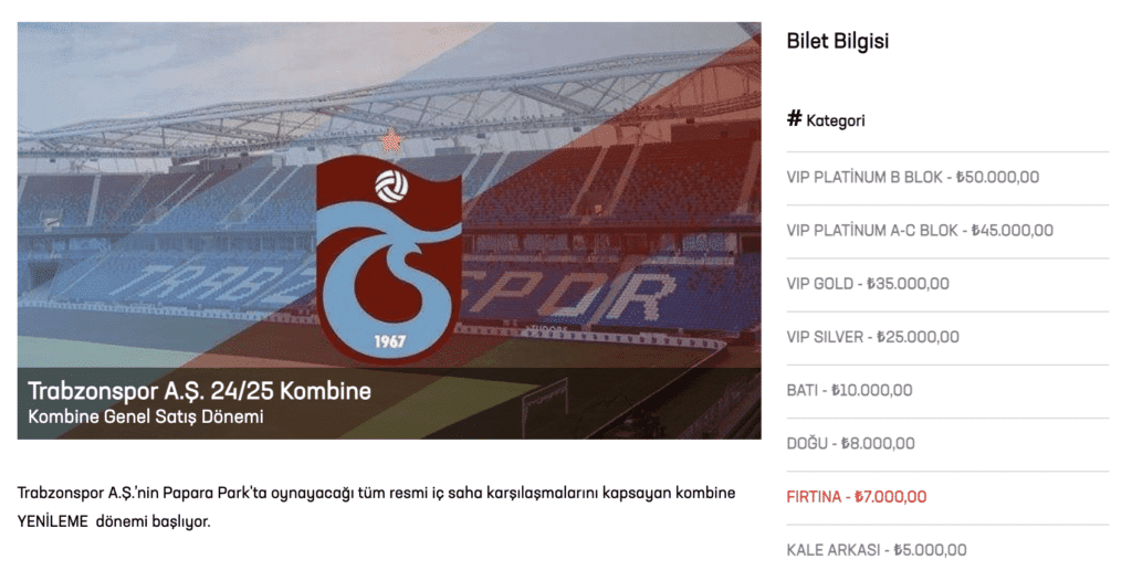 Trabzonspor Kombine Fiyatları