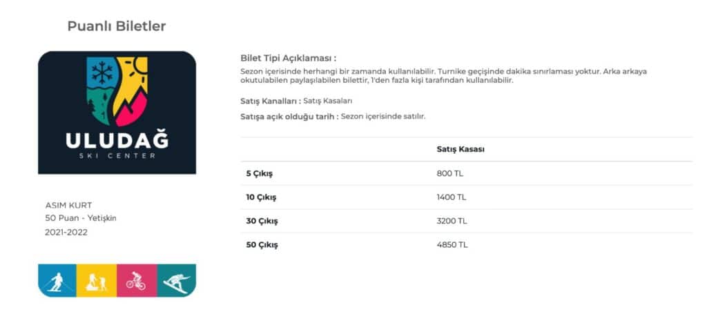 Puanlı Uludağ Skipass Fiyatları 2025 - Bursa Teleferik Ücretleri