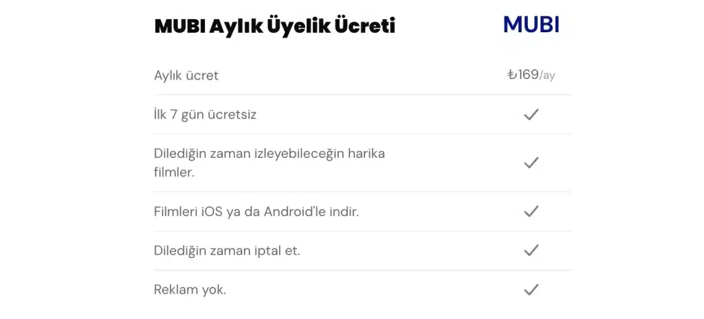 MUBI Aylık Üyelik Ücreti