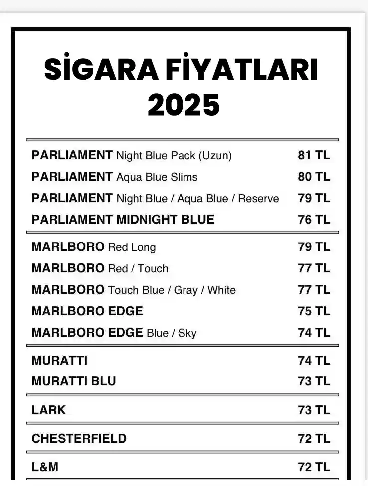 Sigara Fiyat Listesi 2025