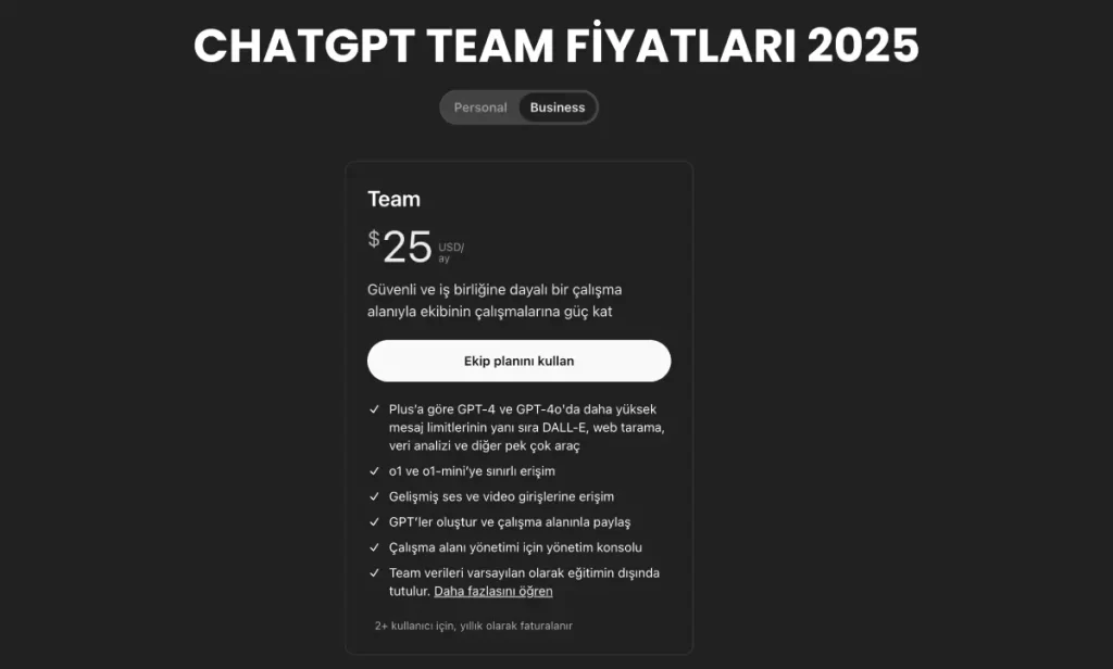 CHATGPT TEAM FİYATLARI 2025