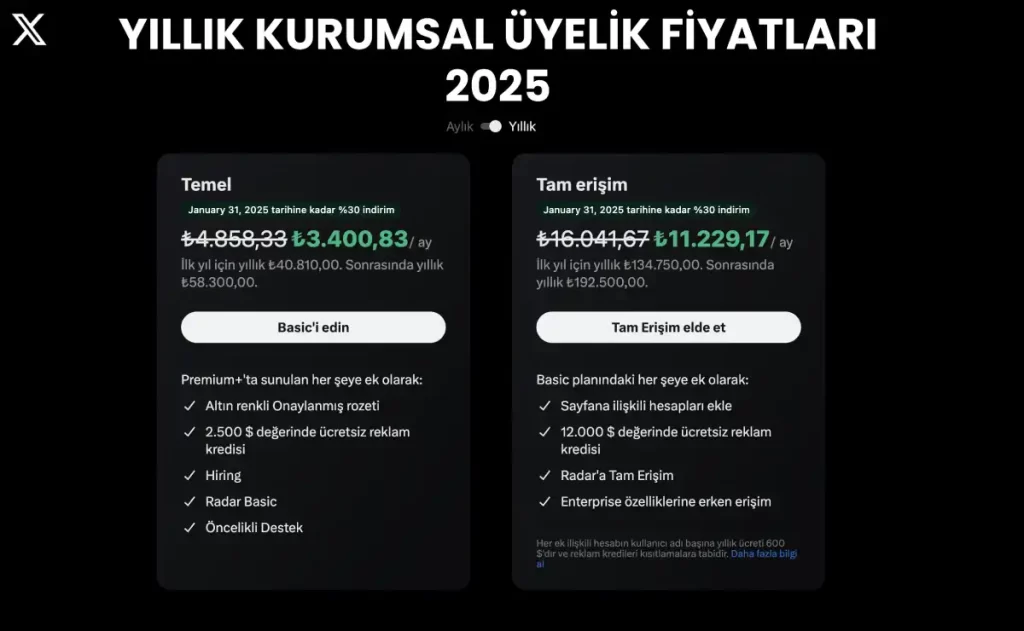 X Kurumsal Üyelik Fiyatları 2025