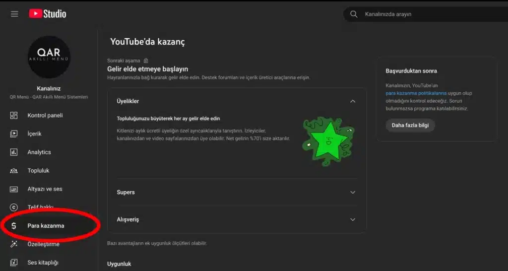 YouTube Para Kazanma Sekmesi